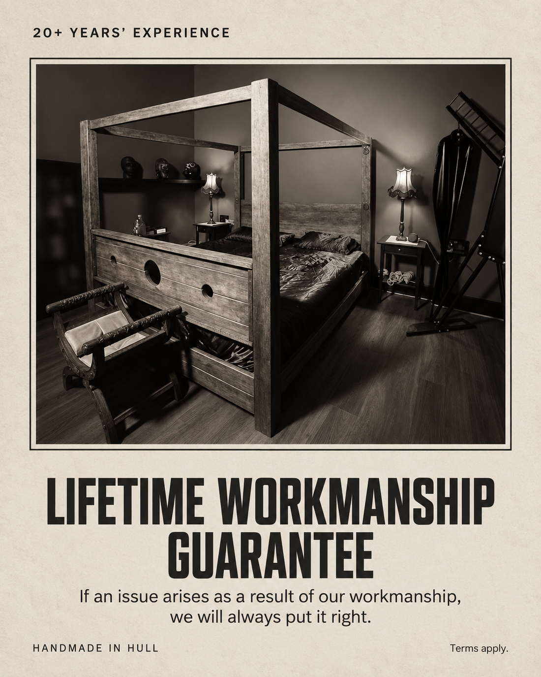 Three Skulls Furniture lifetime workmanship guarantee featuring the handmade Stocks Bed