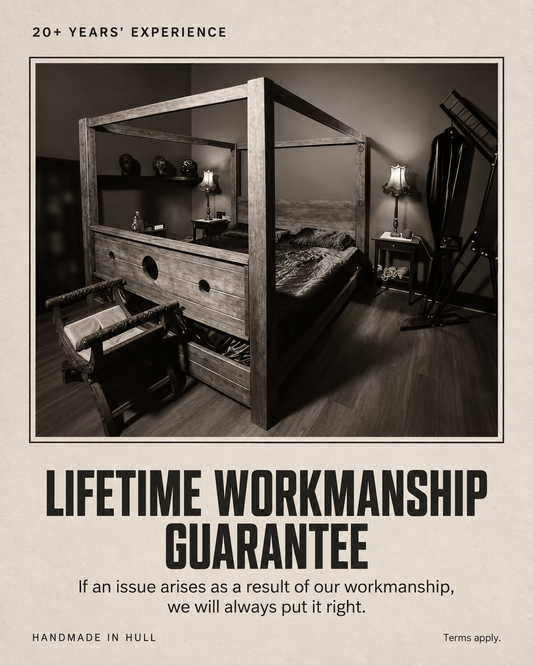 Three Skulls Furniture lifetime workmanship guarantee featuring the handmade Stocks Bed