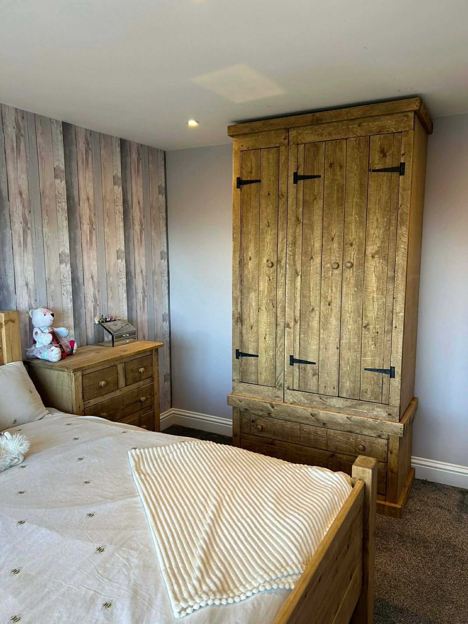 Rustic wooden bedroom wardrobe in handmade timber finish