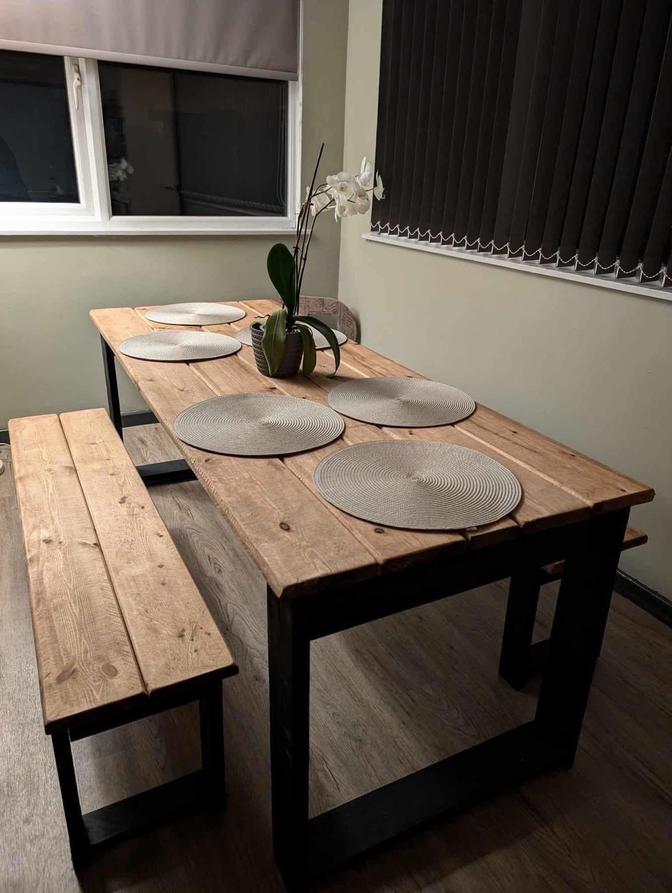 The Midnight Black Table Set | Handmade Rustic Dining Set | Three Skulls Furniture