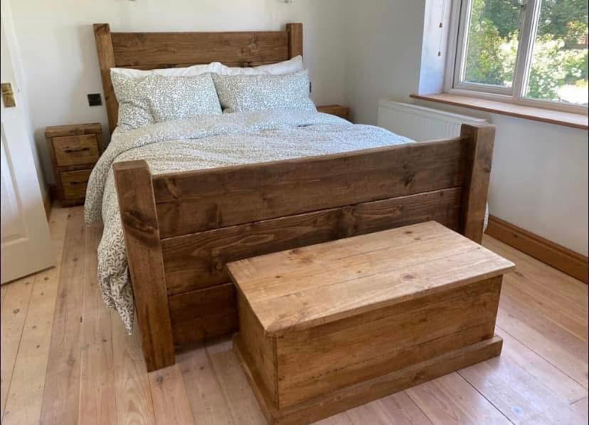 Handmade High Plank wooden bed frame with tall plank headboard