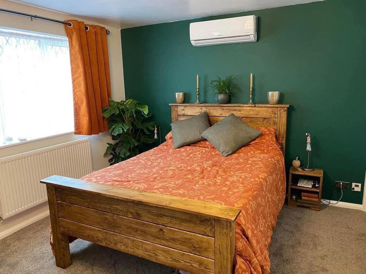 Handmade Preston wooden bed with rustic shelf-style headboard rail