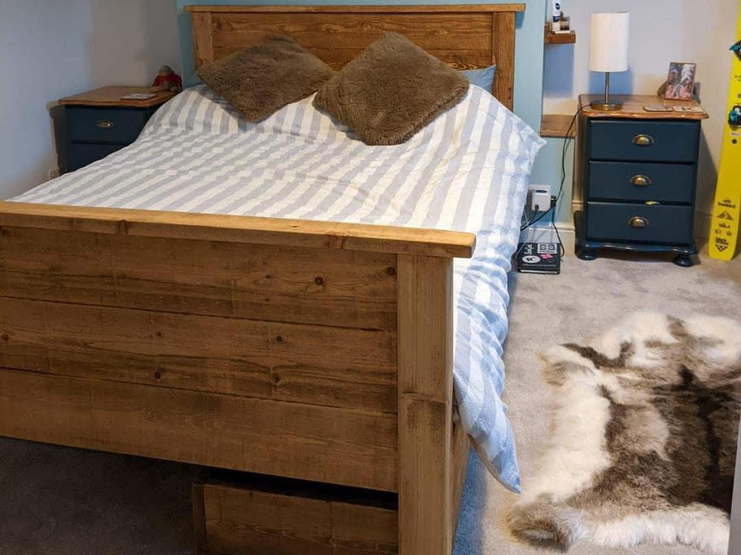 Solid timber Preston bed frame with substantial wooden headboard