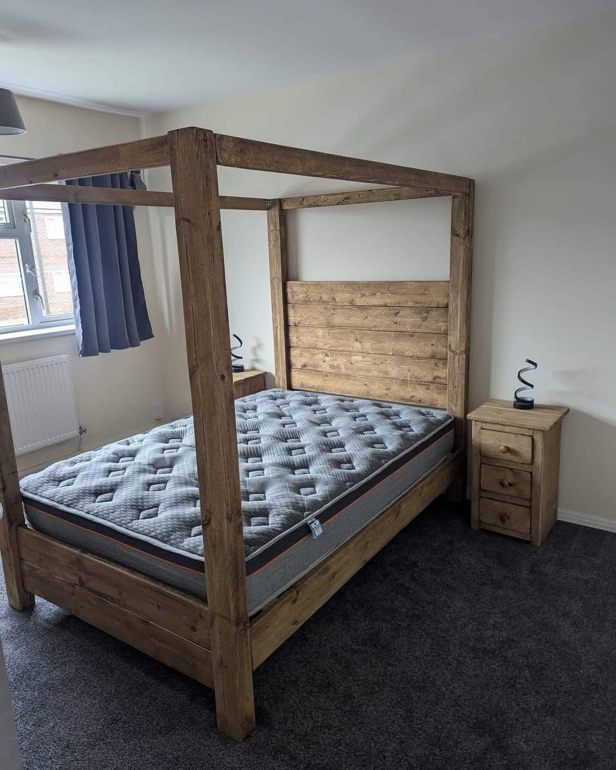 Solid redwood four poster bed in rustic wax finish