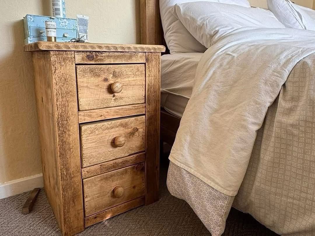 Rustic wooden bedroom set with matching furniture pieces